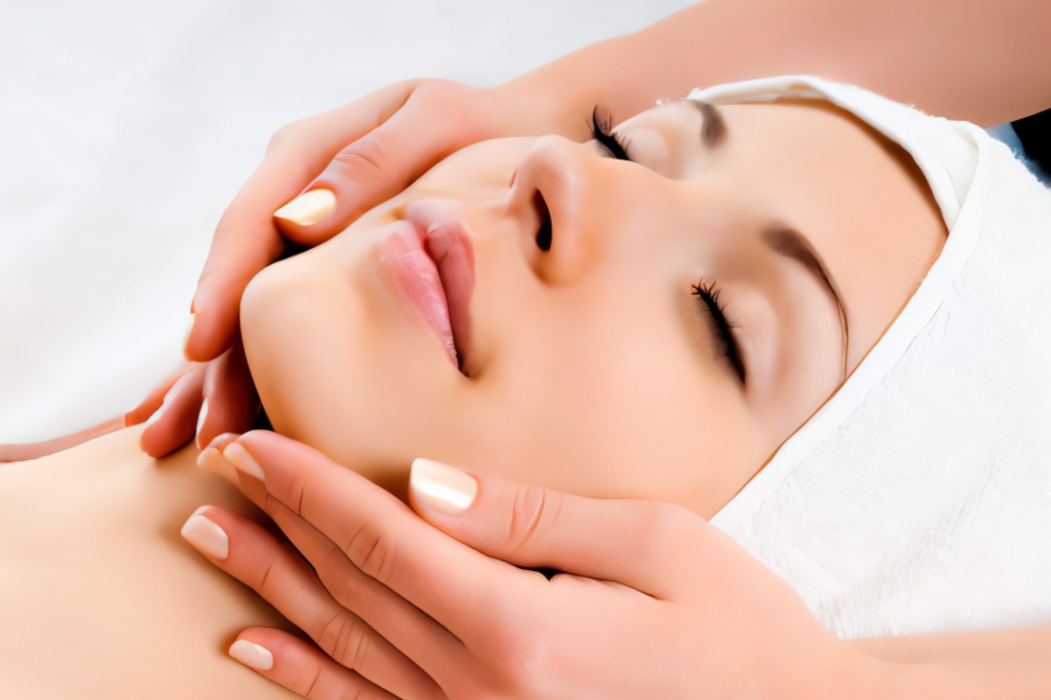A woman receiving a relaxing facial massage with closed eyes.