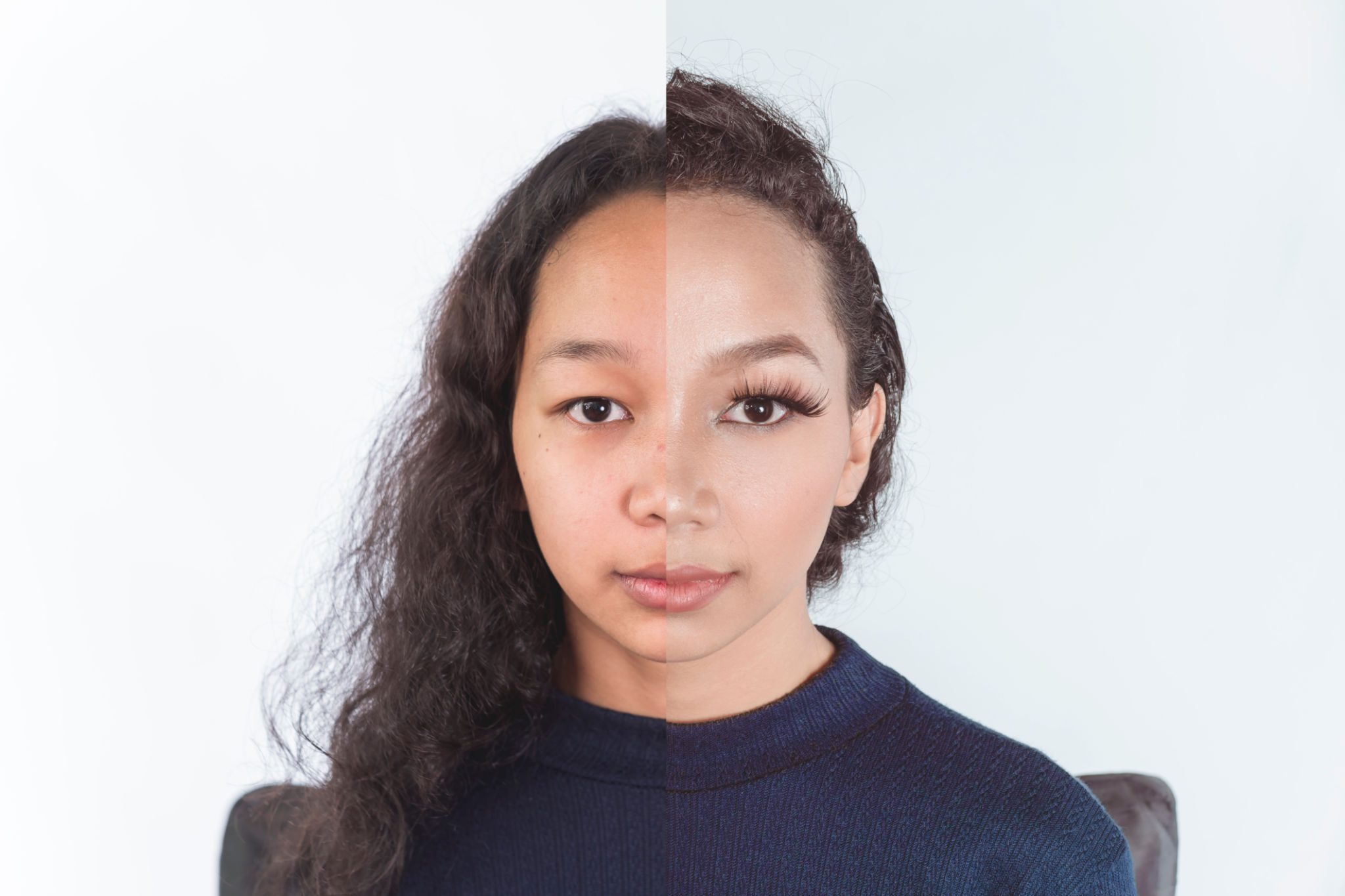 Half face transformation with makeup and hairstyle.