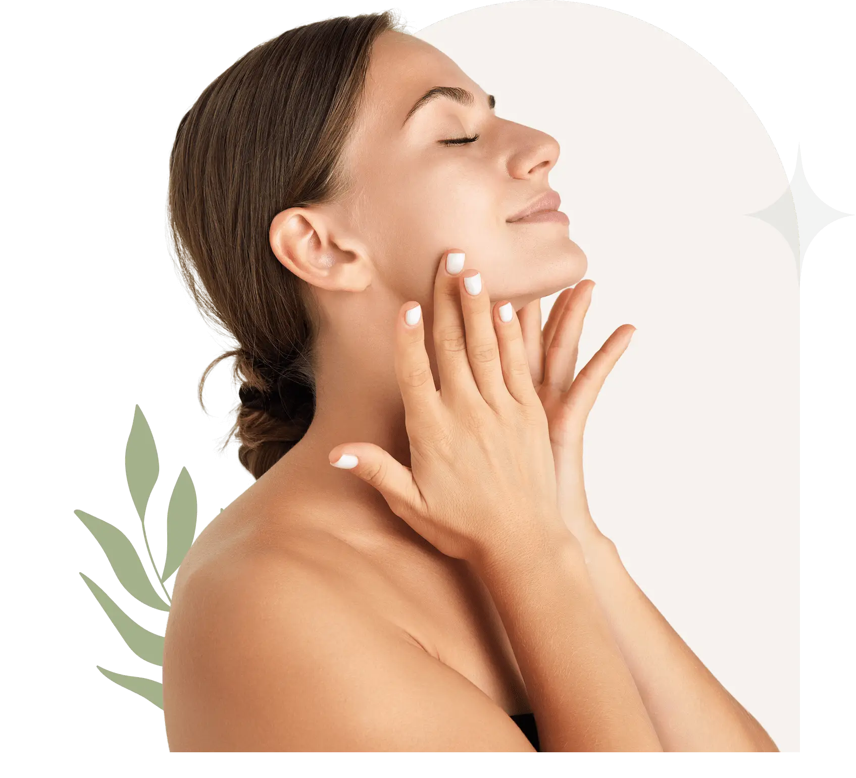 Woman enjoying skincare routine, eyes closed.