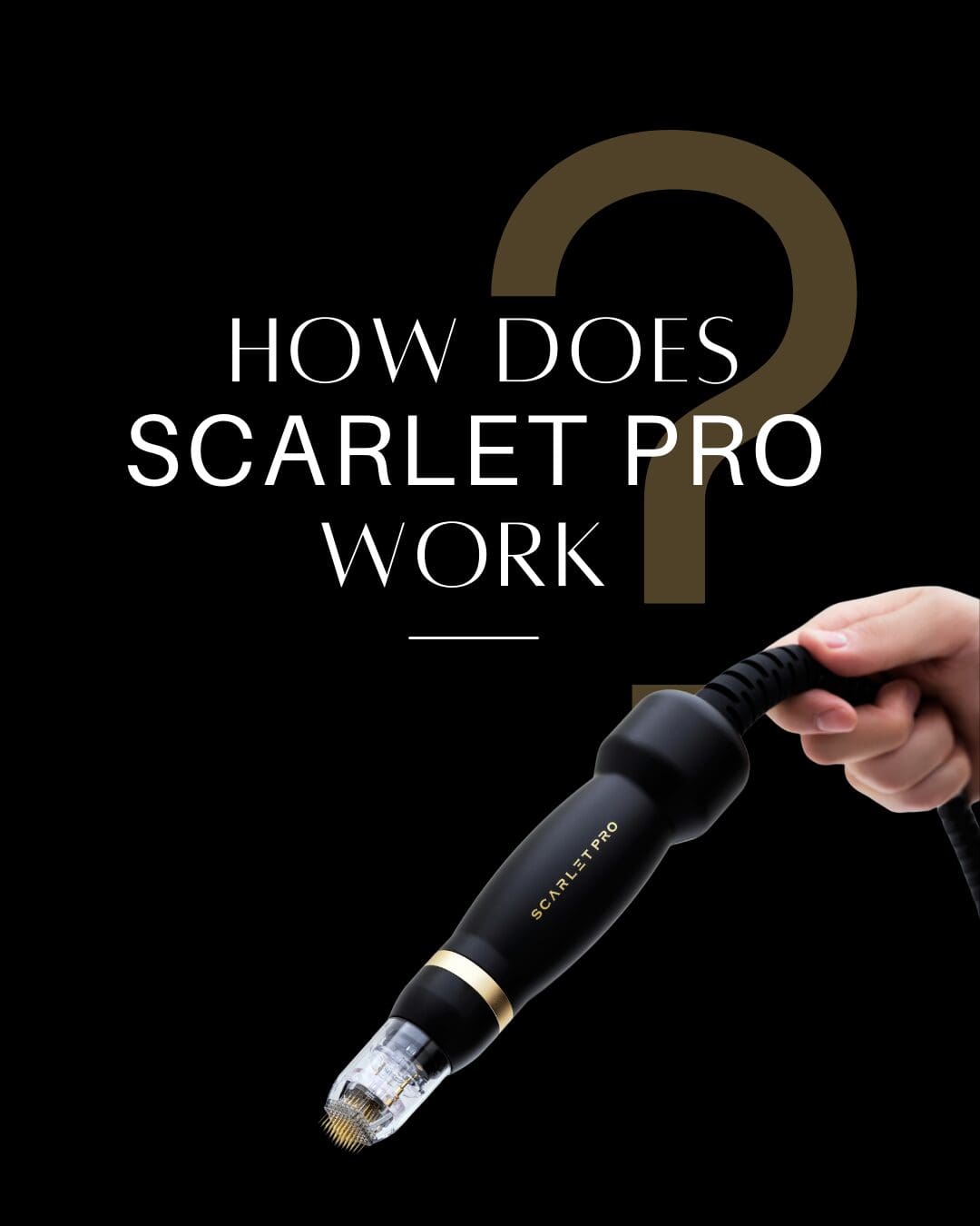 Hand holding Scarlet Pro device, black background.