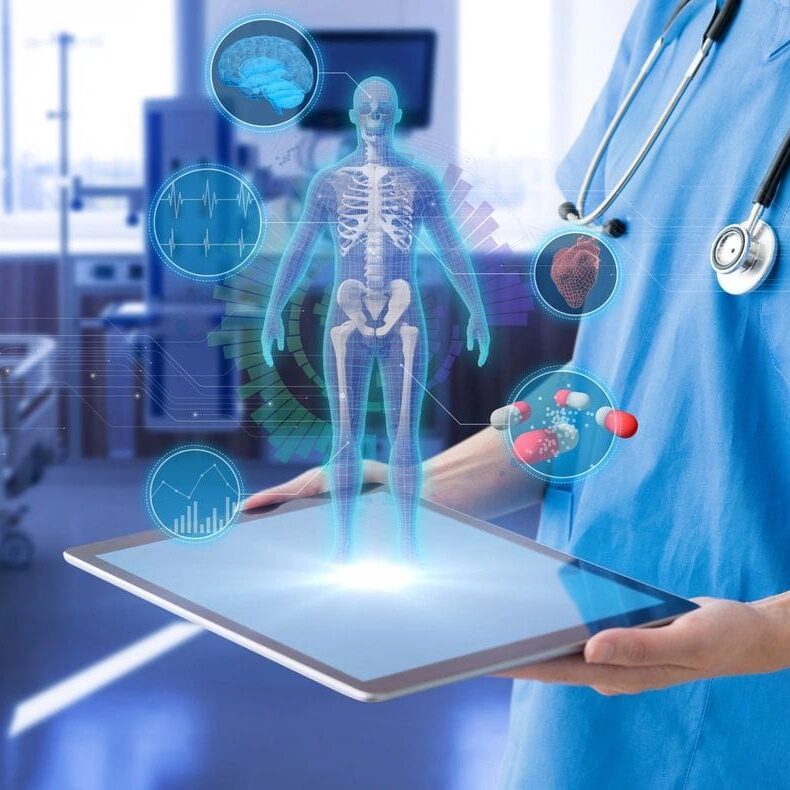 Doctor using a tablet displaying a 3D holographic skeleton and medical icons.