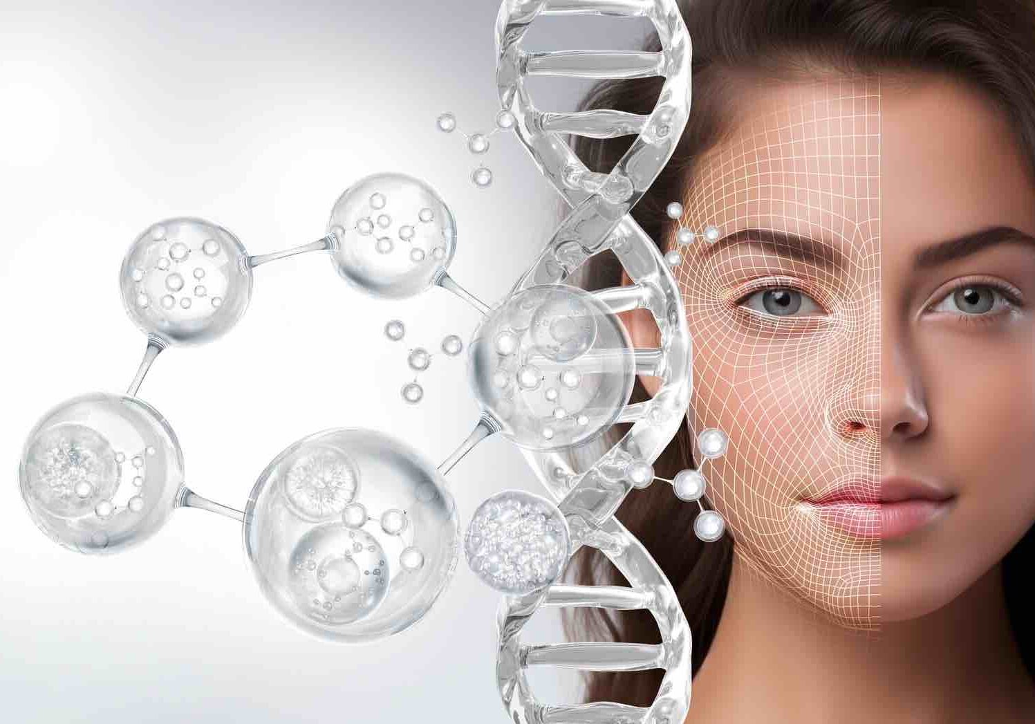 A woman's face beside DNA strands and molecular structures, symbolizing genetics and biotechnology.
